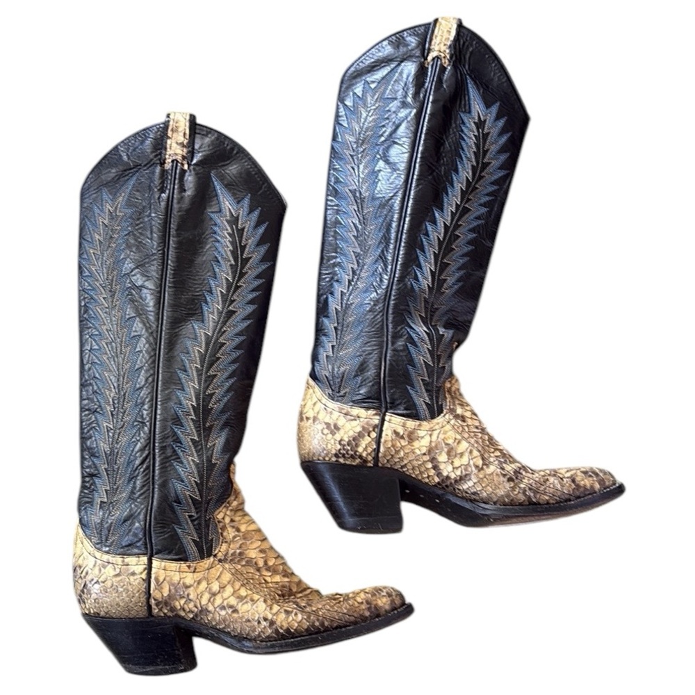RARE Vintage Larry Mahan Black Blue Tan Python Snakeskin Cowboy Heel Boots - 5